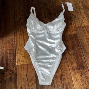 Velius Shimmering White Satin Shapewear Bodysuit
